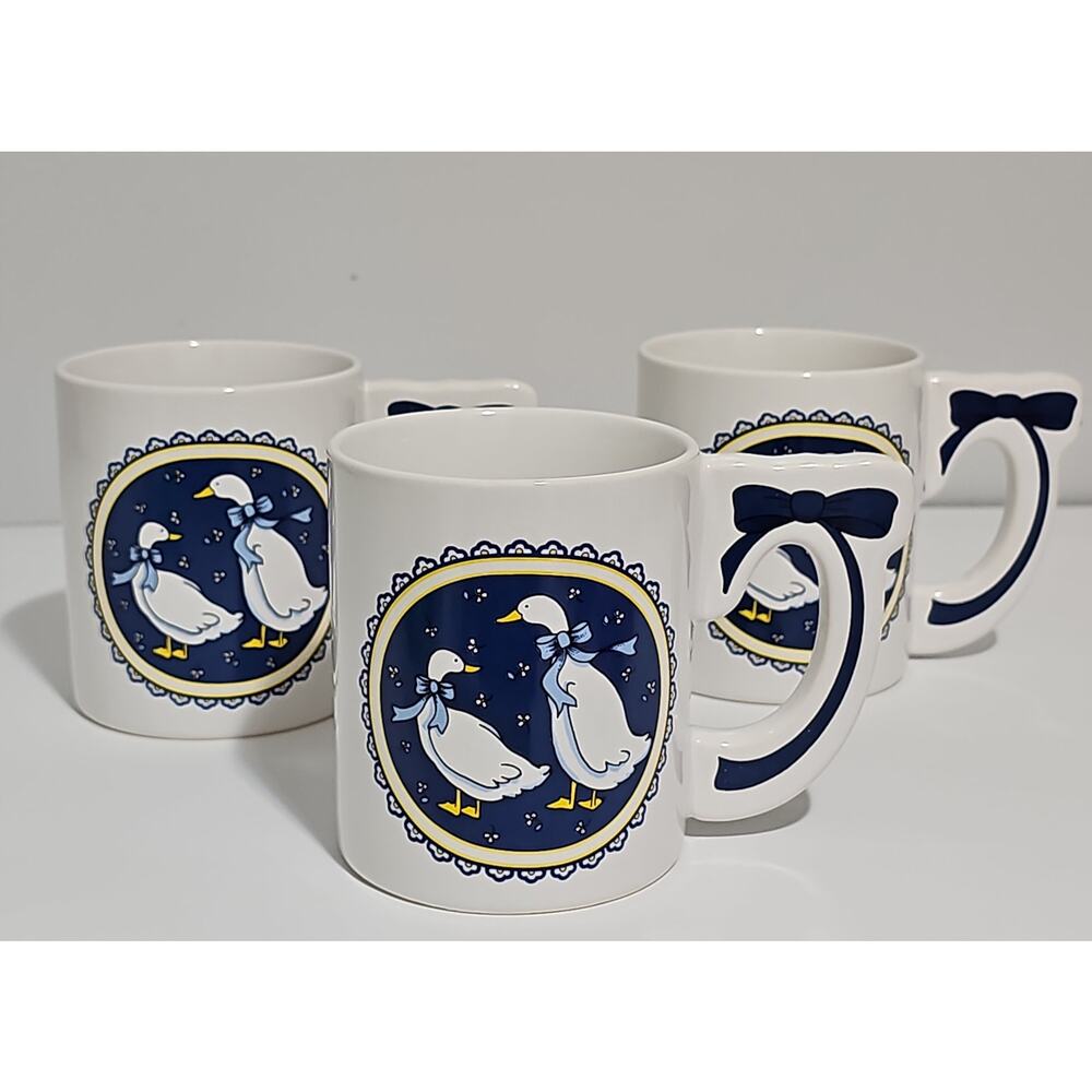 Vintage 80s Country Geese Ceramic Coffee Mug Blue Bow Handle Cottagecore